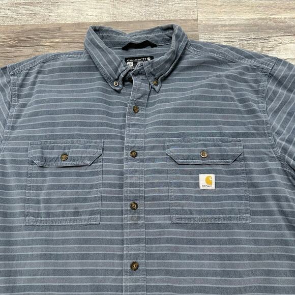 Carhartt Blue Striped Men 2XL Loose Short Sleeve Button Down Chambray Work Shirt - Picture 3 of 10